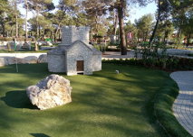 Old church as adventure golf obstacle and decoration